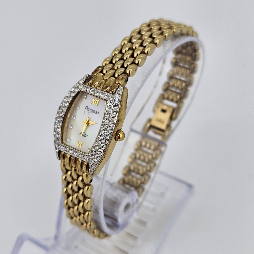 Armitron Women's Watch 19MM MOP Dial Crystal Bezel Gold Bracelet 6" New Battery - Picture 3 of 12